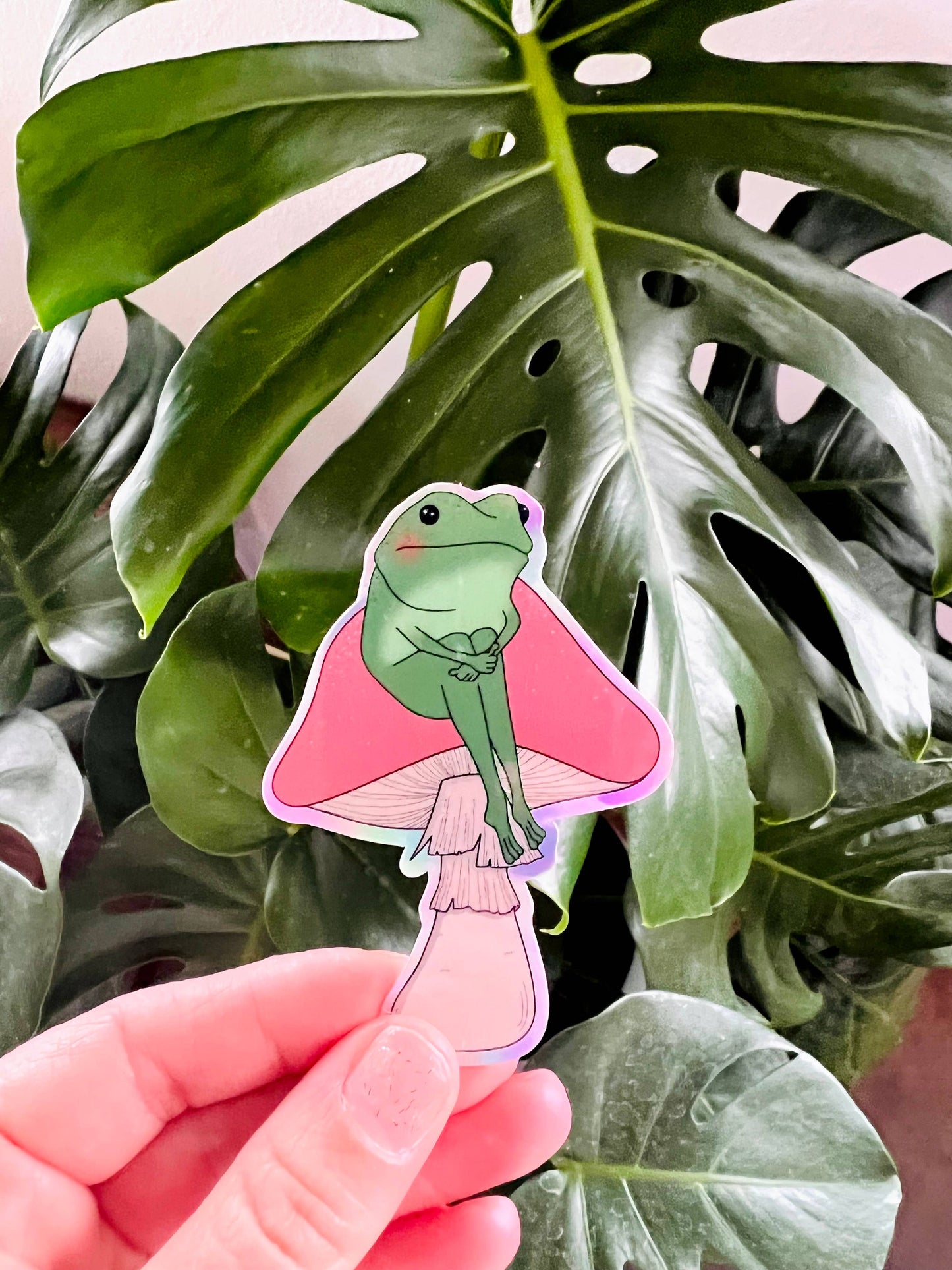 Frog Sitting on a Mushroom Holographic Sticker