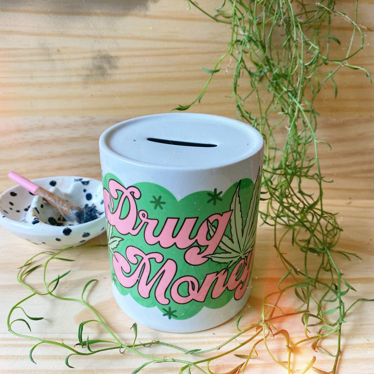 Drug Money Piggy Bank with Cannabis Leaves