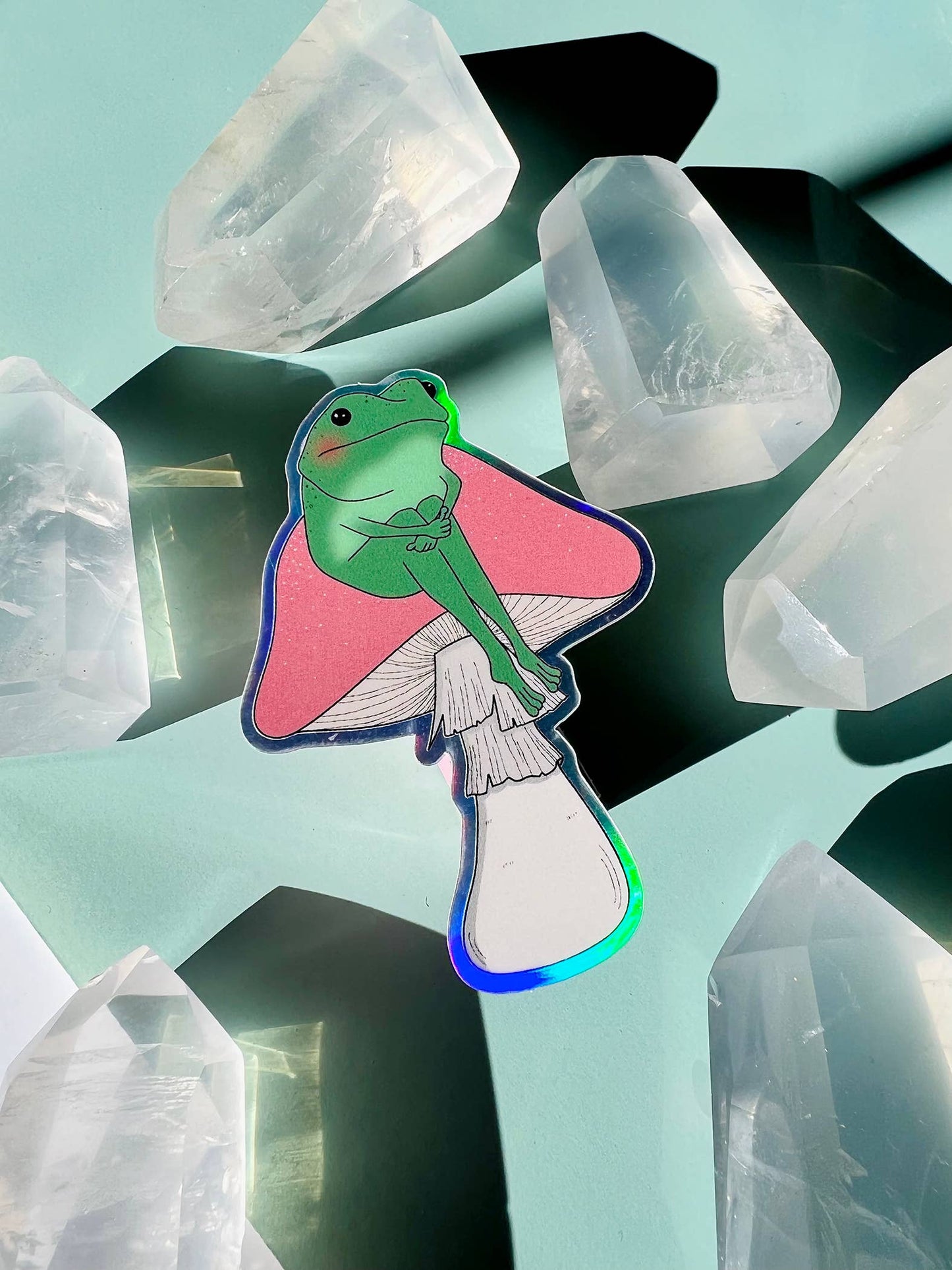 Frog Sitting on a Mushroom Holographic Sticker