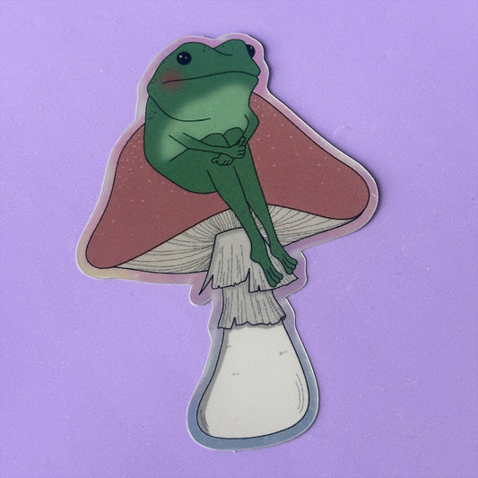 Frog Sitting on a Mushroom Holographic Sticker